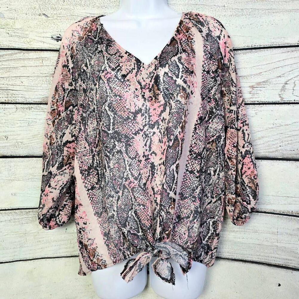 Ivory Medium Pink Snake Print Tie Front Blouse M